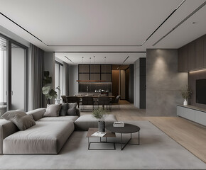 Fototapeta premium Aesthetic elegant minimalist modern interior design. Clear mock up empty wall for decoration in the apartment. Copy space in the room. Neutral palette of natural colors.