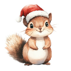 Watercolor santa hat squirrel isolated on transparent background, winter animal illustrations, christmas animal