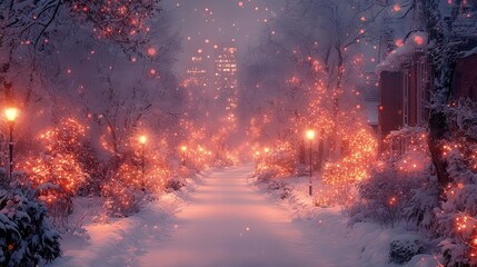 nighttime city street scene blanketed in a layer of fresh snow with streetlights casting a warm glow on the glistening surface creating a serene and picturesque winter wonderland atmosphere