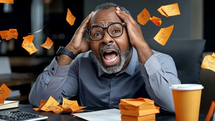 Overwhelmed by the To-Do List: A man in glasses, surrounded by a chaotic storm of sticky notes, looks up in despair, capturing the feeling of being overwhelmed with deadlines, tasks.