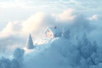 Snowy Mountain House with Christmas Tree in Soft Light, Simple Animated Style Surrounded by Clouds, White Background, Super Wide Angle