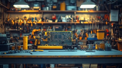A workbench in a cluttered workshop with a circuit board in the center, surrounded by tools and parts.