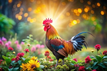 Fototapeta premium Artistic Bokeh Effect of a Rooster Symbolizing Prosperity and Strength in a Vibrant Farm Landscape
