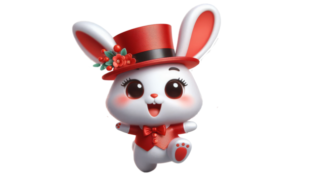 Rabbit White Cartoon Isolated in white transparent background .  white rabbit with red ribbon