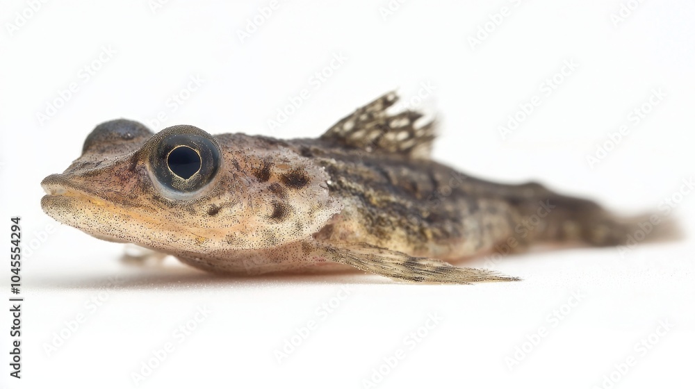 Poster mudskipper is visibly resting on smooth white surface highlighting its distinctive body shape and ad