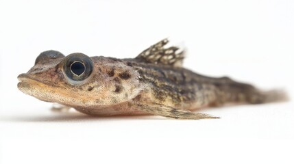 Mudskipper is visibly resting on smooth white surface highlighting its distinctive body shape and adaptations for both land and water environments typical of this species.