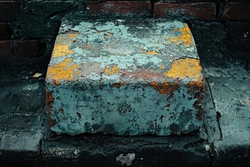 Weathered Brick with Peeling Paint and Yellow Accents