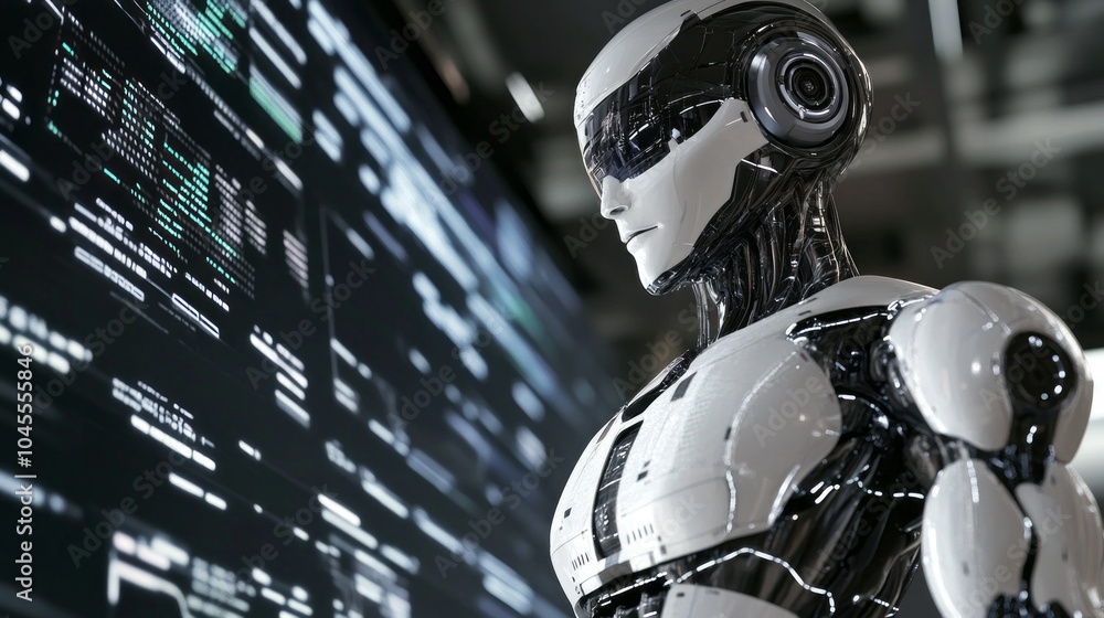 Poster A robot is standing in front of a computer monitor with a lot of lines