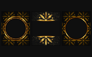 Carved vector dark background with round golden banner and flowers pattern