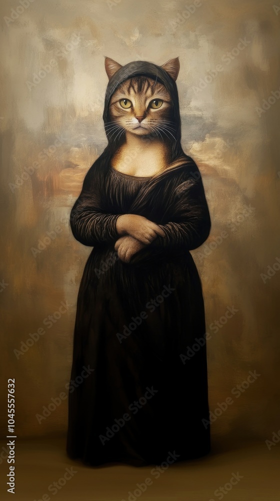 Sticker Cat costumes wearing wearing Mona Lisa painting animal portrait.