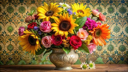 Fototapeta premium A vibrant bouquet of sunflowers, roses, and daisies arranged in a rustic vase, displayed on a wooden table against a vintage patterned backdrop.