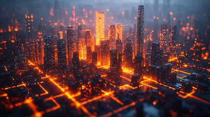futuristic cyberpunk cityscape with glowing orange lights