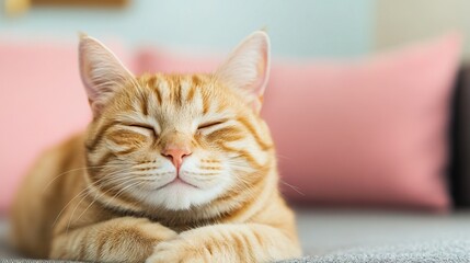 A relaxed orange tabby cat with shut eyes lies comfortably on a surface, surrounded by soft pillows, radiating contentment.