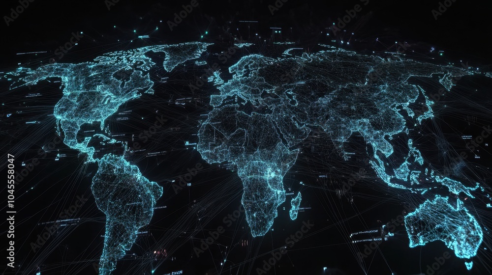 Poster world map with a complex web of glowing lines representing global commerce and the international tra