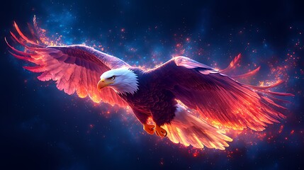 Obraz premium A majestic bald eagle with fiery wings soars through a starry sky.