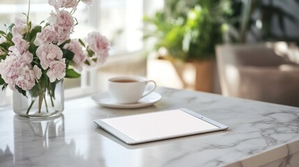 A sleek iPad rests on marble with flowers and tea in a stylish kitchen