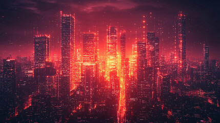 Obraz premium red neon cityscape at night digital art illustration