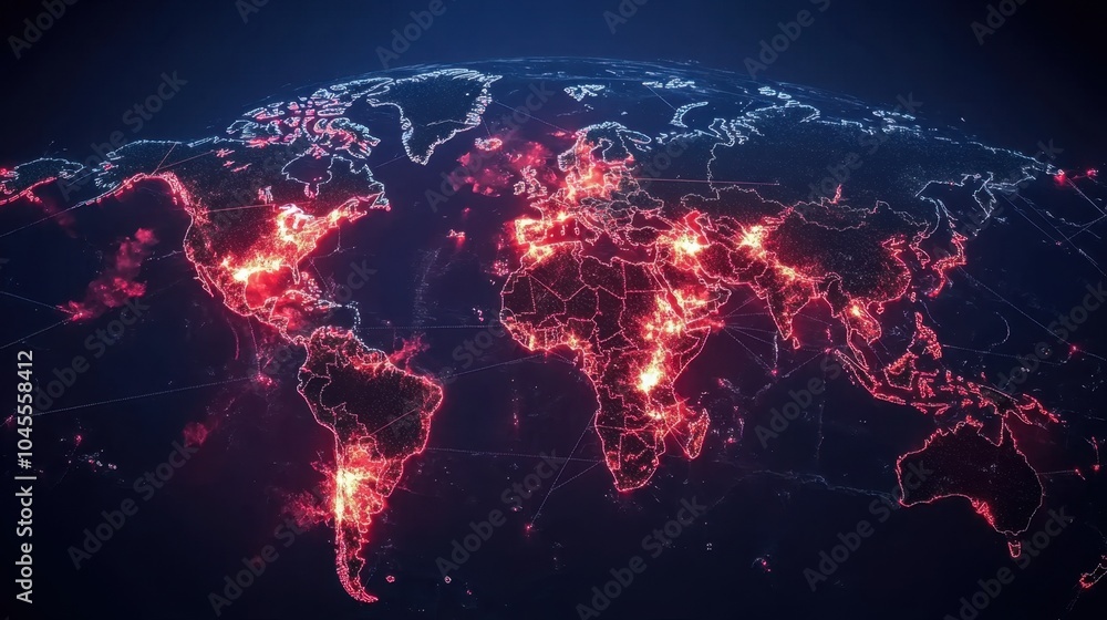 Poster world map with bright connecting lines running between major cities, showing the spread of global co