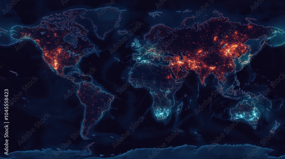 Poster world map with bright connecting lines running between major cities, showing the spread of global co