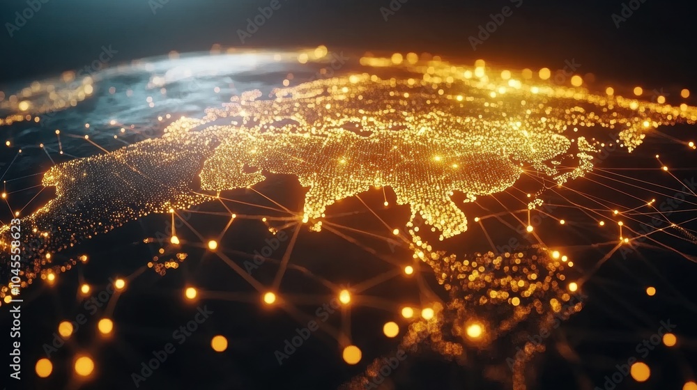 Poster world map with bright connecting lines showing the vast network of global commerce and economic exch
