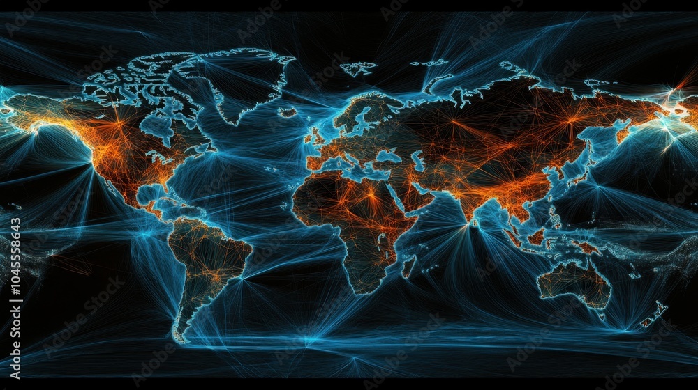 Poster world map with bright connecting lines showing the vast network of global commerce and economic exch