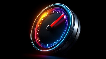 A colorful speedometer with a red needle pointing to the high end of the scale against a black background.