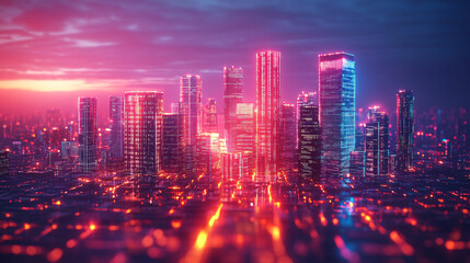 Obraz premium neon cityscape with red and blue lights at night