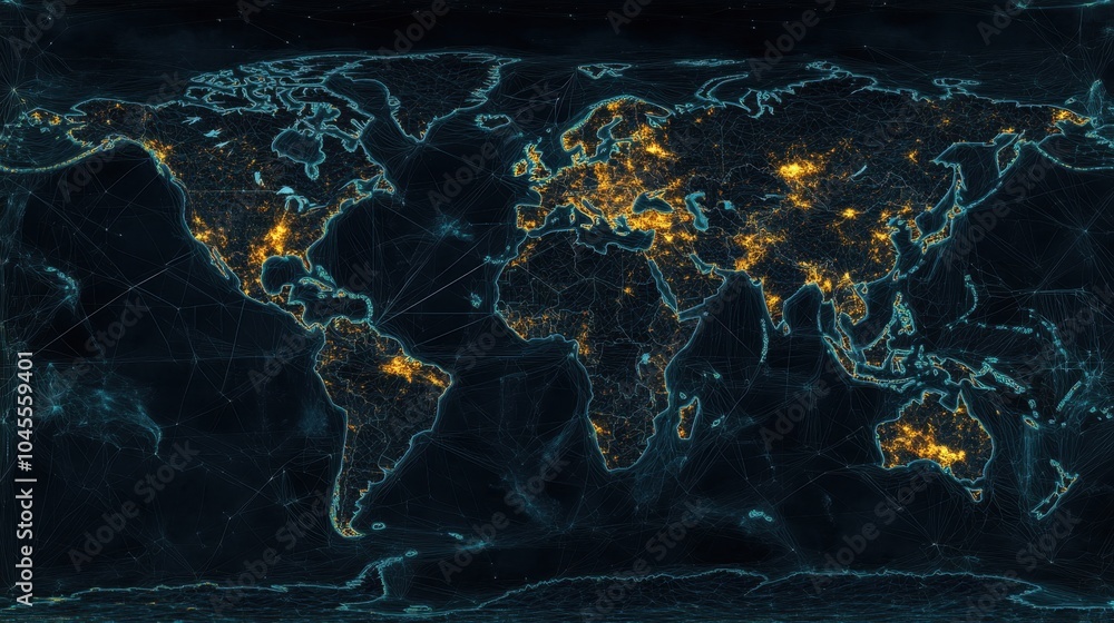Poster world map with interconnected lines showing the flow of goods and commerce between countries worldwi