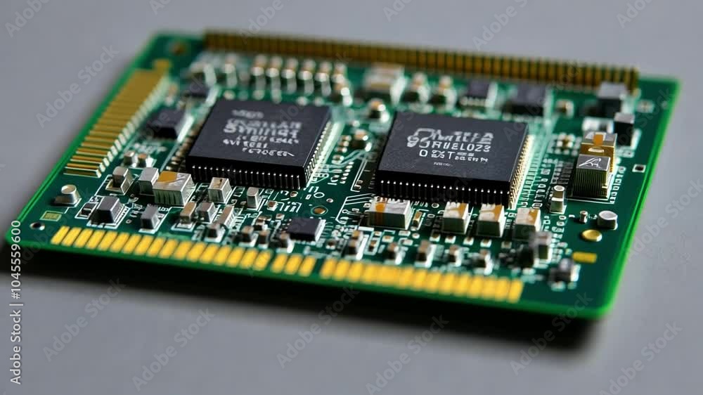 Poster exploring the inner workings of a microprocessor on a green circuit board in a tech lab