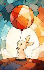Adorable bunny holding a colorful balloon in a whimsical setting, evoking joy and wonder in a charming children's book illustration, capturing the innocence and delight of childhood.