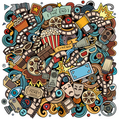 Cinema cartoon vector doodle design. Detailed composition with lot of movie objects and symbols. 