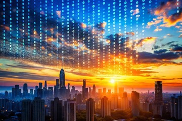 Obraz premium Binary Code Silhouette Against a Futuristic Cityscape at Dusk