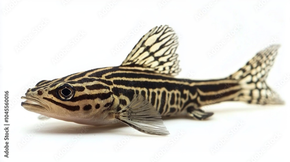 Poster zebra pleco showcases its striking striped pattern while floating elegantly against a clean white ba