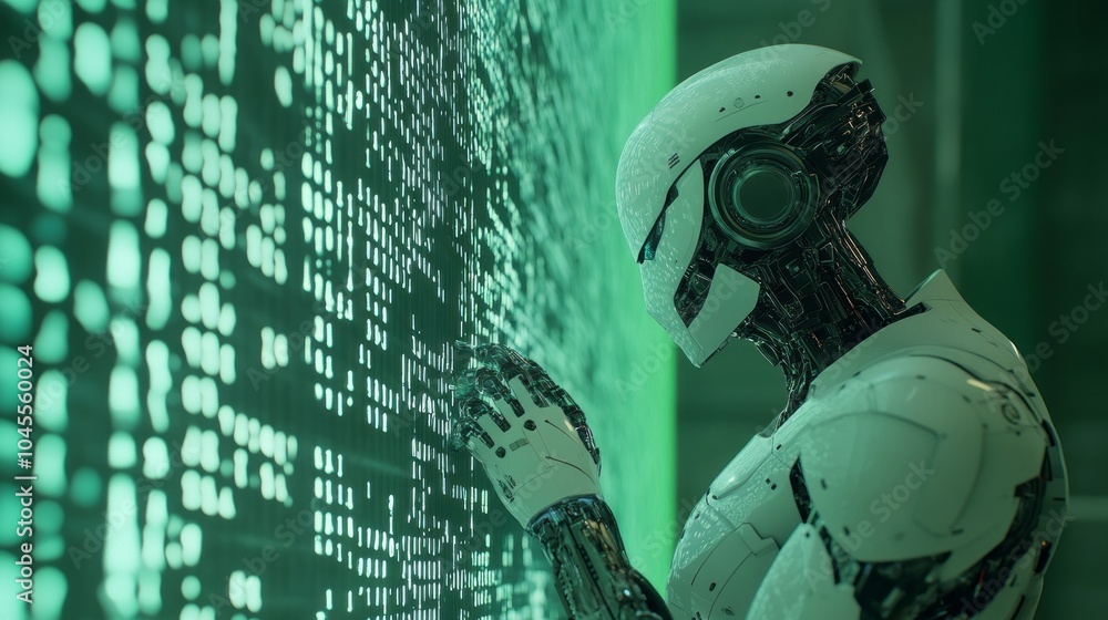 Poster A robot is looking at a computer screen with a green background