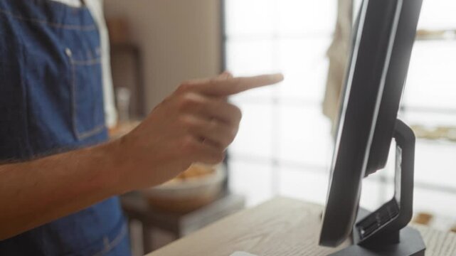 Young man using a touchscreen in a bakery wearing a denim apron indoors with focus on his hand pointing at the screen