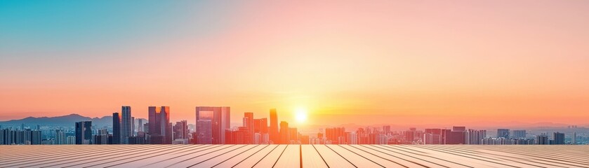 Obraz premium Urban skyline with colorful sunset and vibrant sky, perfect for cityscape themes and architectural presentations.