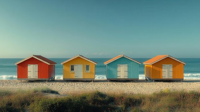 private wooden fishing huts dotting the sandy beach landscape in fouras france capturing the serene beauty of coastal life with gentle waves and a tranquil sky in perfect harmony