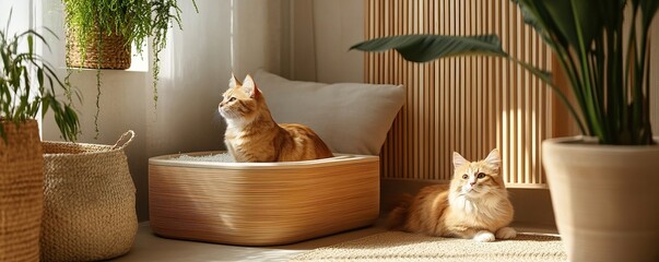 Cozy indoor scene featuring two orange cats resting in a sunlit room adorned with plants and woven baskets.