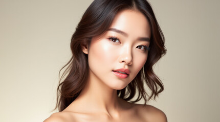 Fototapeta premium Elegant Portrait of Asian Female Model on Neutral Background for Beauty and Skincare Campaigns