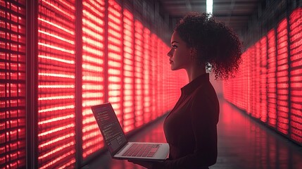 A woman stands with a laptop in a data center with red lights, symbolizing technology and data. The atmosphere is futuristic and concentrated on tech.