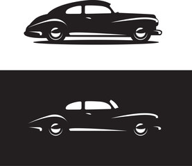 Black and white vector silhouette of the side view of a vintage car