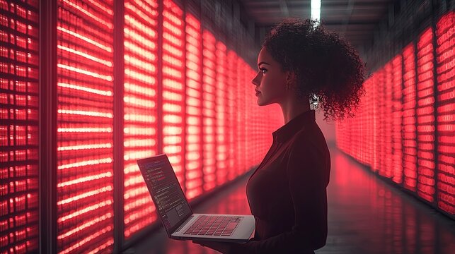 A woman stands with a laptop in a data center with red lights, symbolizing technology and data. The atmosphere is futuristic and concentrated on tech.