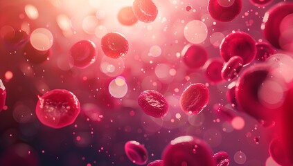3D rendering of red and white round cells flowing in the veins, close-up...