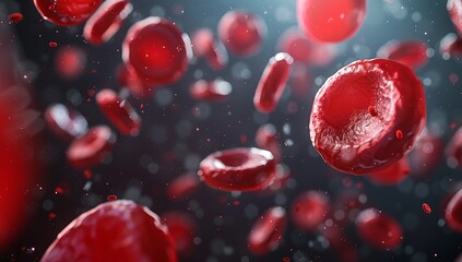 3D rendering of red and white round cells in the background, close-up view of...