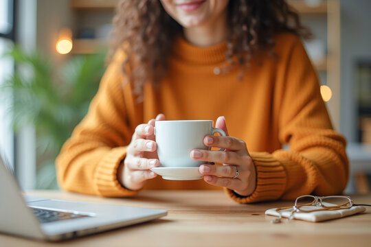 a woman drinks coffee tea at a table with a laptop close-up - Powered by Adobe