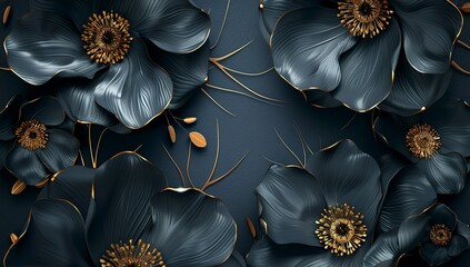 3d wallpaper, dark blue and gold flowers background for wall decoration
