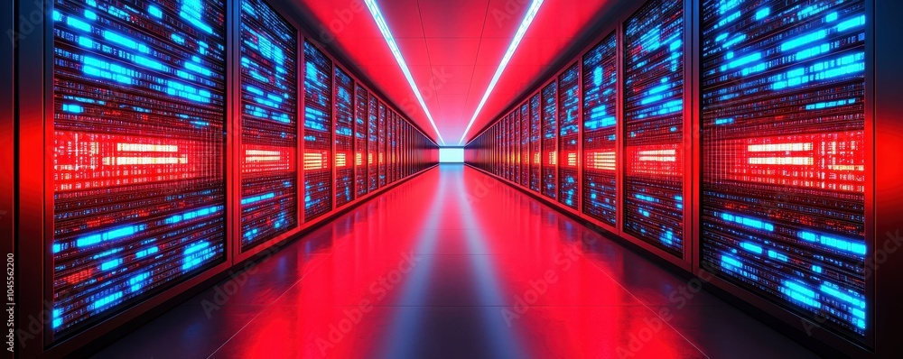 Poster futuristic server room with glowing led lights and rows of data storage servers.