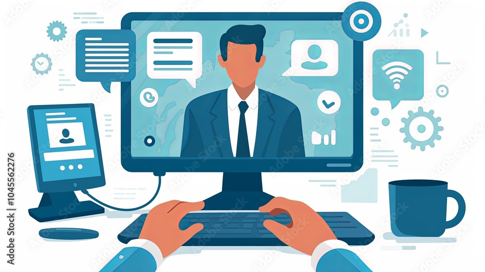 Poster an illustration of a businessman engaged in digital communication, interacting with various icons an