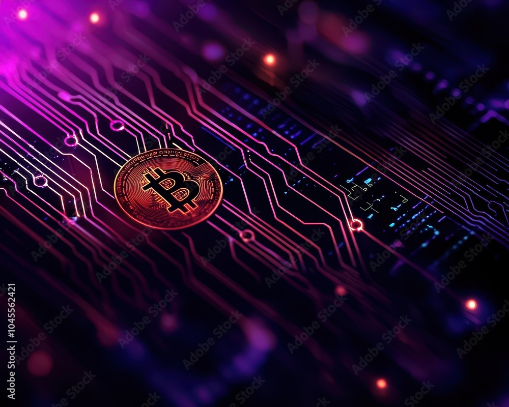 Aufkleber digital representation of bitcoin on a vibrant circuit board background