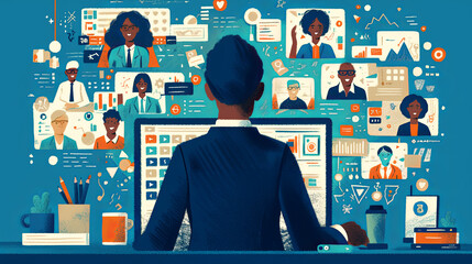An individual oversees a digital workspace filled with various profiles, symbols, and communication platforms, representing social networking and global connectivity.